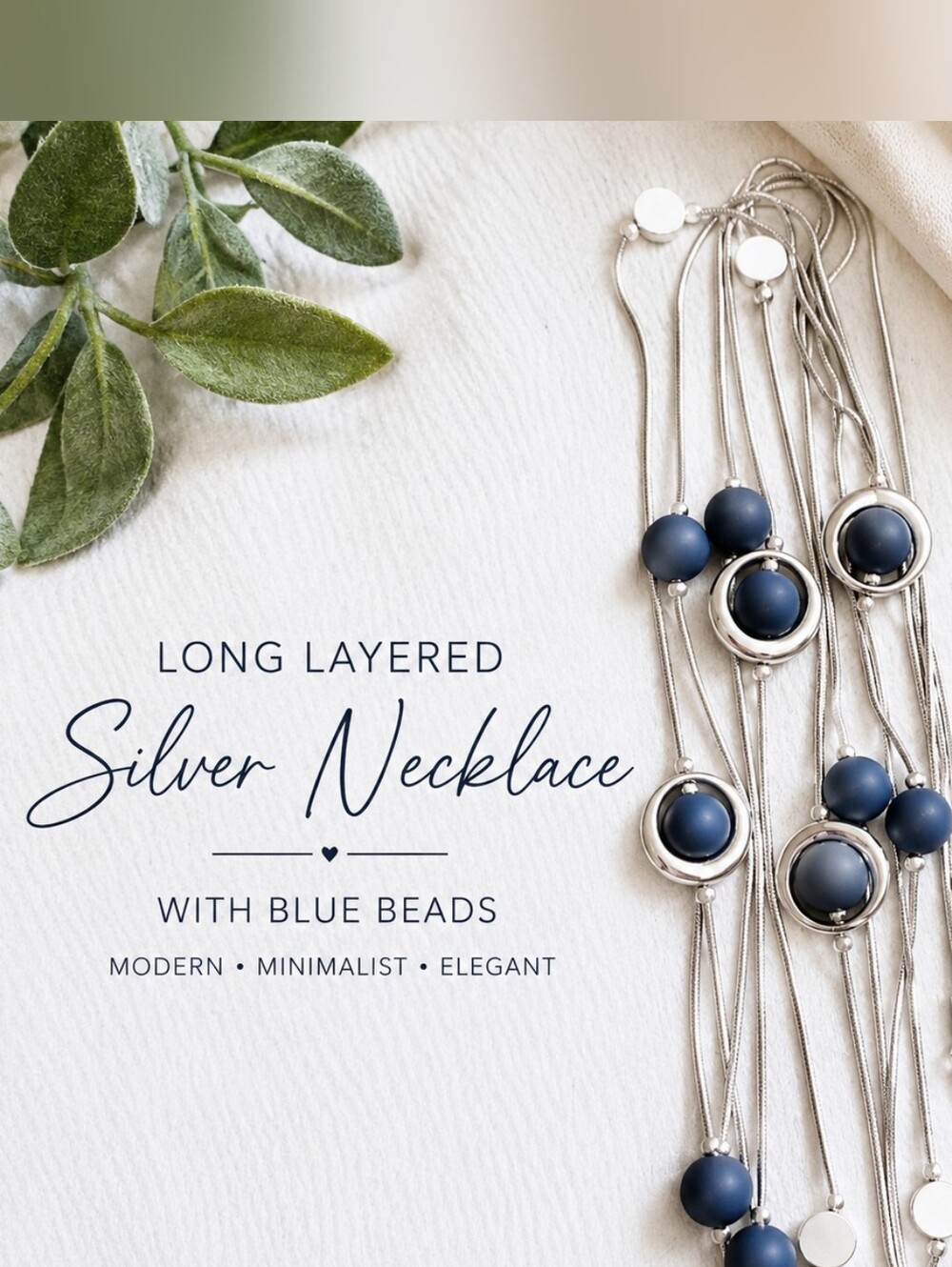 Long Silver Tone Multi Strand Necklace Blue Beads Statement Layered Jewelry